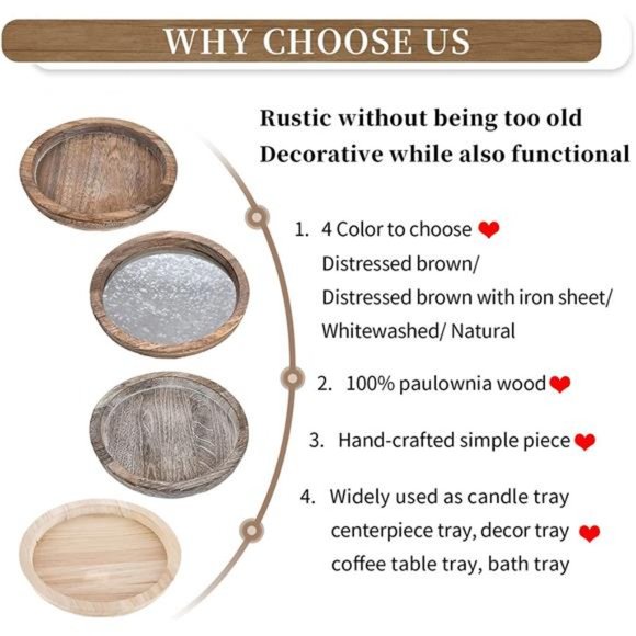 Rustic Wooden Serving Tray Round Wood Butler Decorative Tray Vintage Centerpiece - Picture 5 of 6